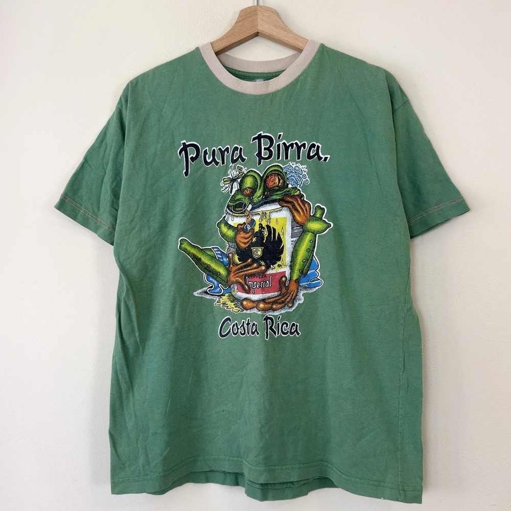 Vintage 90's Imperial Beer Puts Birra Cost Rica Drunk Frog Green Tee Shirt L/XL
